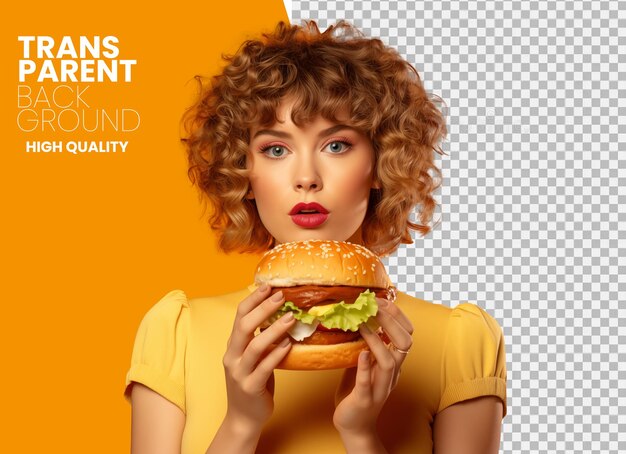 Chica con hamburguesa en la mano con fondo transparente png para póster de redes sociales