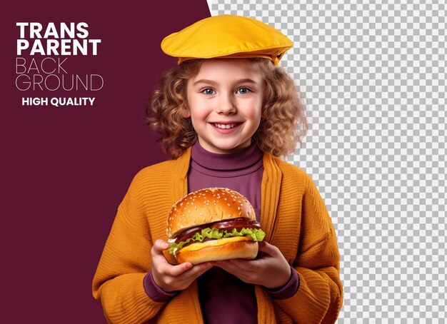 Chica con hamburguesa en la mano con fondo transparente png para póster de redes sociales