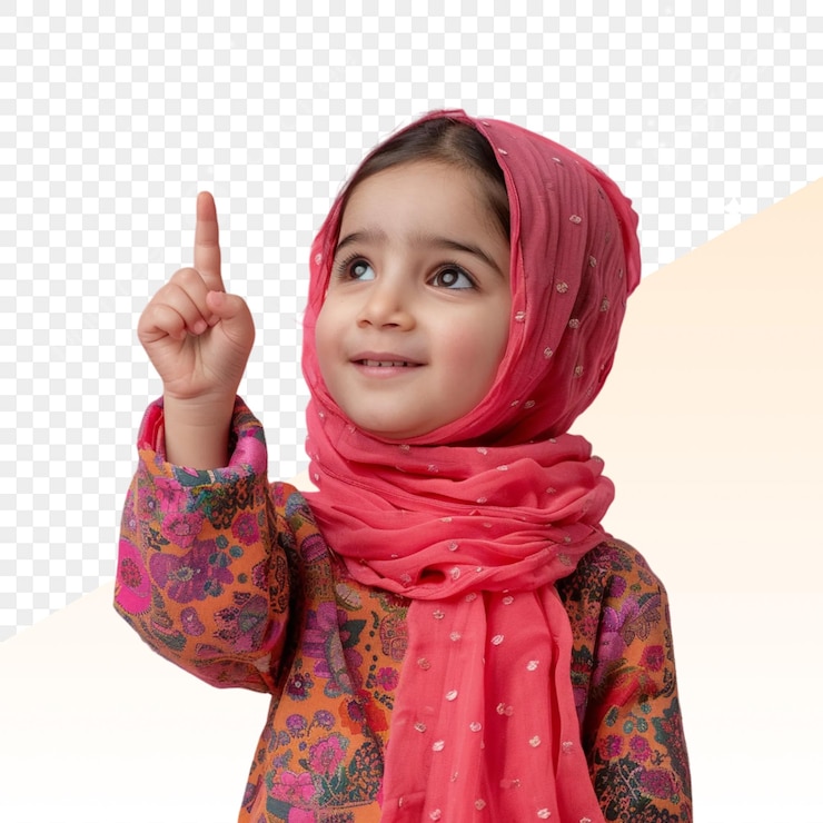 PSD una chica con un hijab rosa apunta a la izquierda
