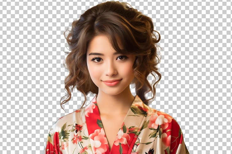 PSD una chica japonesa adolescente y bonita con un kimono aislada sobre un fondo transparente