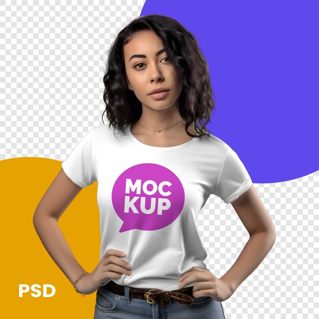 PSD chica joven afroamericana con cabello rizado en camiseta blanca y vaqueros aislados en fondo azul mockup para contenido de redes sociales psd mockup