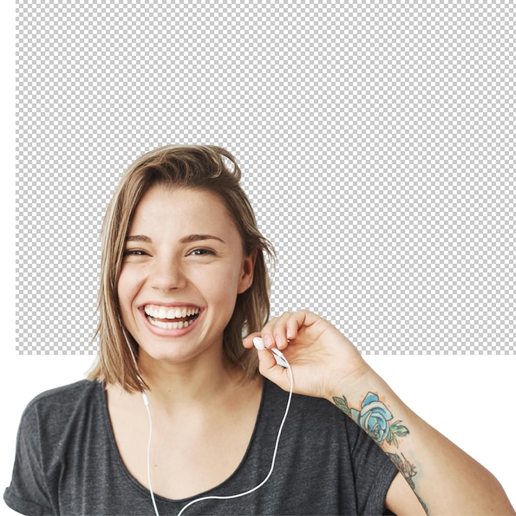 PSD una chica joven con auriculares riendo.