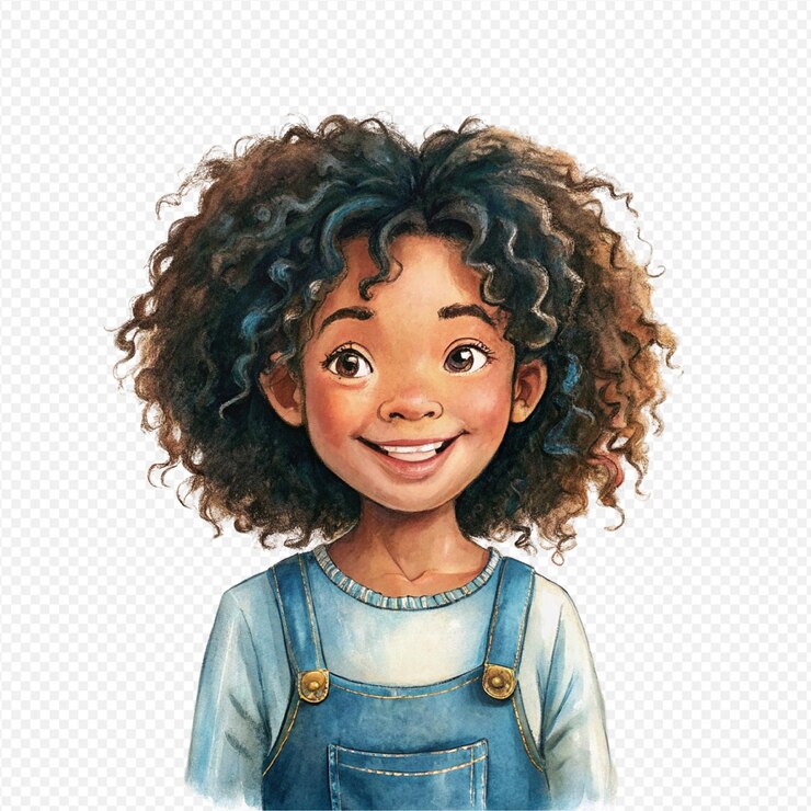 PSD chica joven cabello rizado sonrisa brillante vestido general de denim camiseta blanca retrato de raza mixta