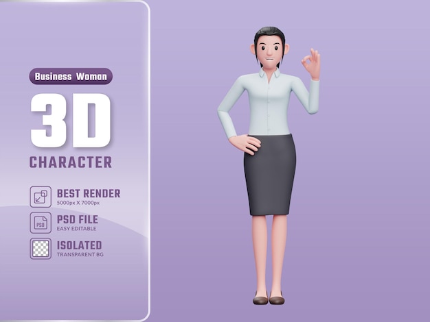 PSD chica joven da aprecio con el dedo 3d render ilustración de personaje de mujer de negocios