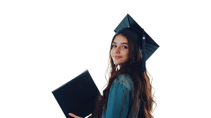 PSD una chica joven con una gorra de graduación y una capucha de graduación
