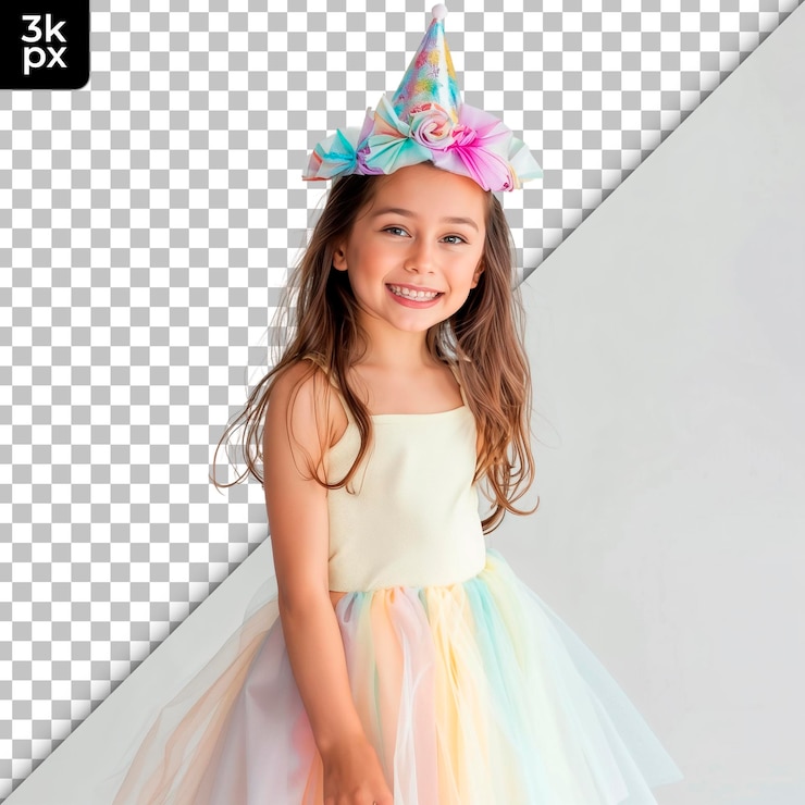 PSD una chica joven con un sombrero de fiesta con una imagen de una chica con un sombreiro colorido