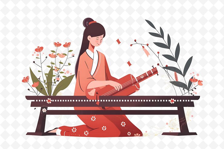 PSD una chica en kimono se sienta en un banco con un violín