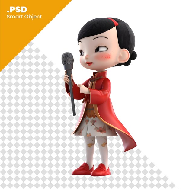 Chica de kung fu con micrófono en fondo blanco plantilla de ilustración psd en 3d