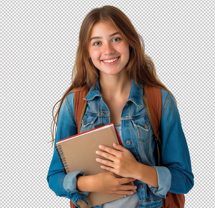 una chica con un libro en la mano y una bolsa marrón en el hombro