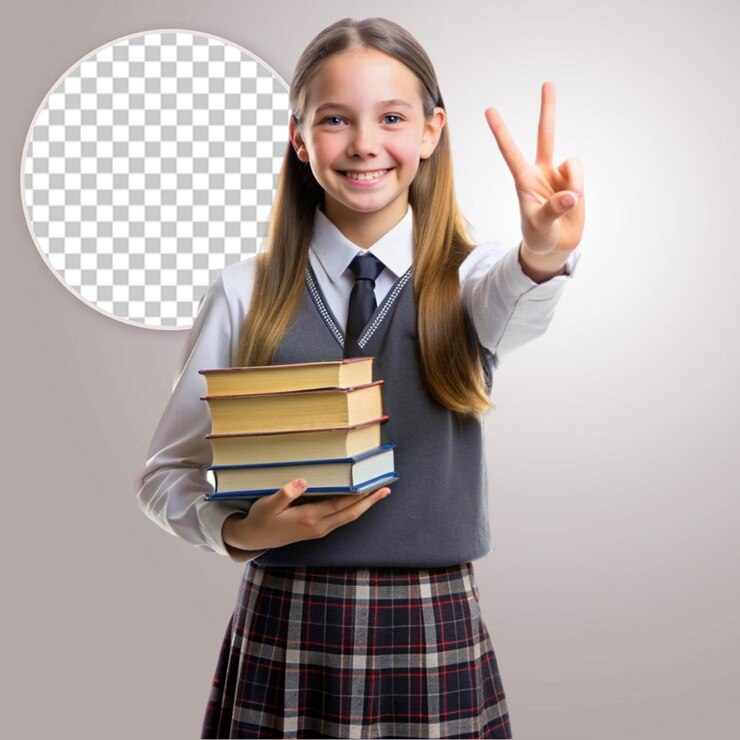 PSD chica linda con bolsa de la escuela con una sonrisa linda en un fondo transparente