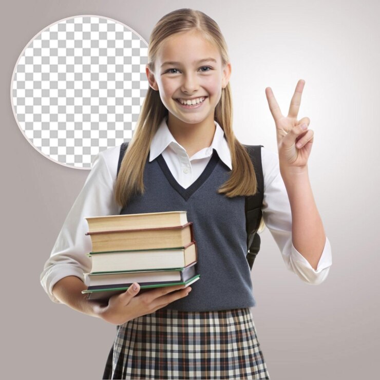 PSD chica linda con bolsa de la escuela con una sonrisa linda en un fondo transparente