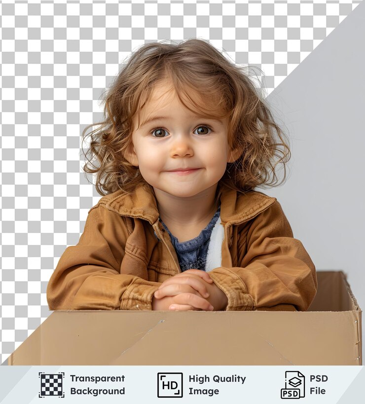 PSD chica linda en una caja de cartón en un psd transparente