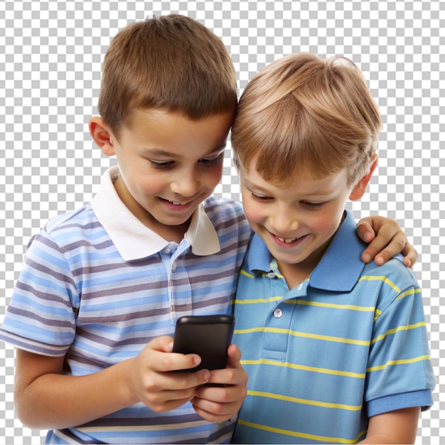 Chica linda y chico mirando el teléfono en un fondo gris aislado