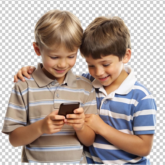 Chica linda y chico mirando el teléfono en un fondo gris aislado