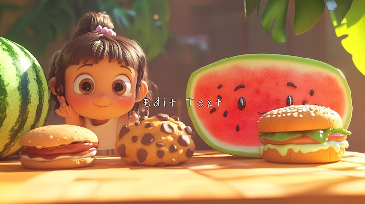 PSD chica linda con comida de dibujos animados