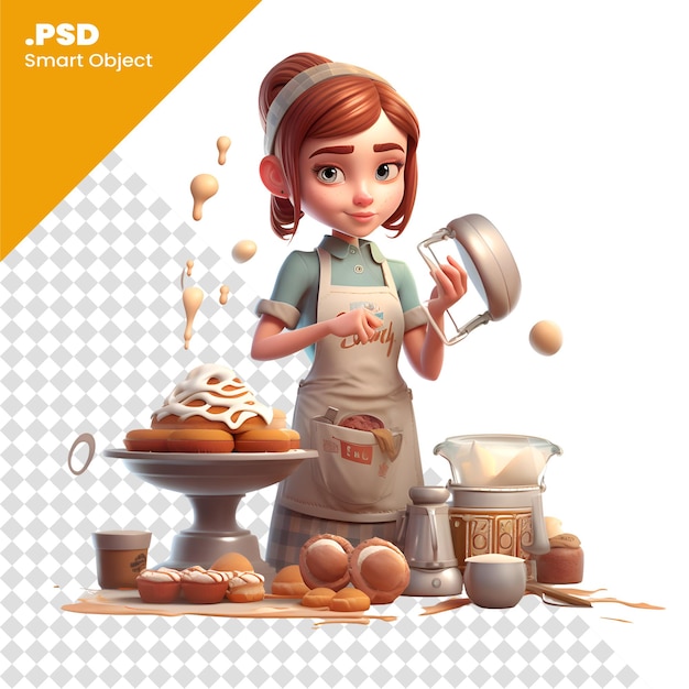 PSD chica linda horneando pasteles plantilla de psd de ilustración 3d realista