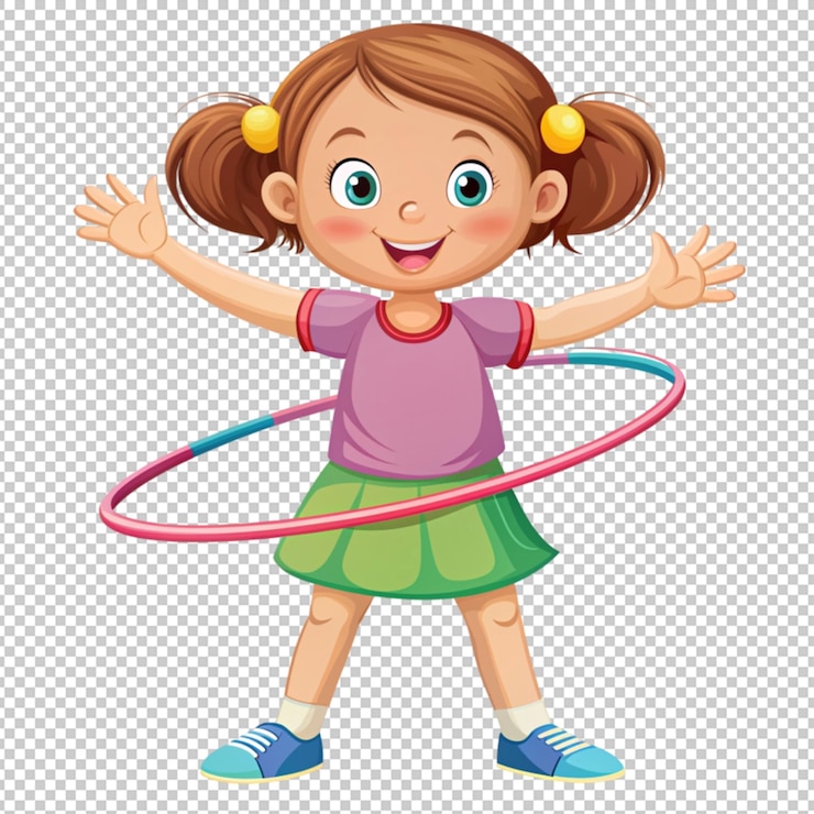 PSD chica linda jugando al hula hoop aislada en un fondo transparente