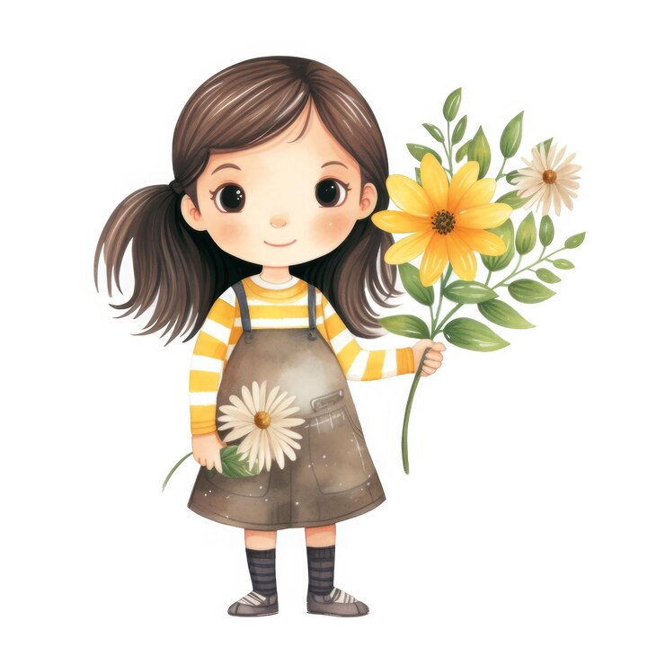 PSD chica linda con un ramo de flores amarillas y blancas