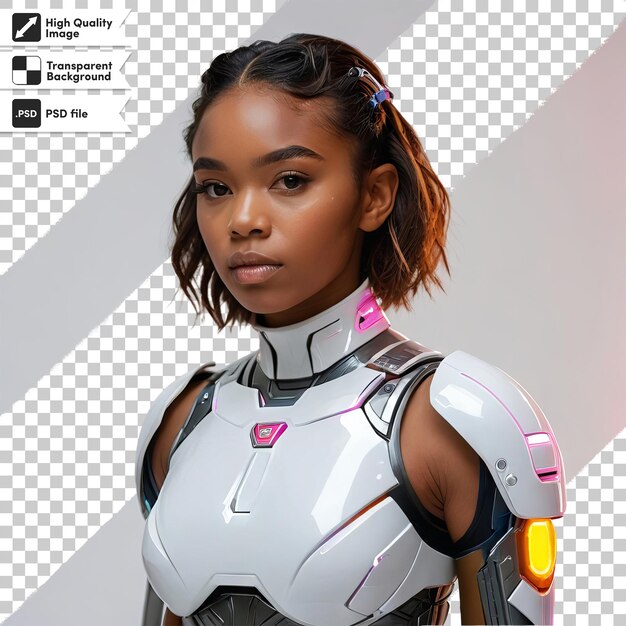 una chica con un logotipo de computadora que dice robot en la espalda