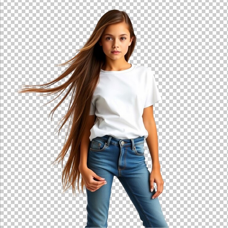 PSD una chica modelo con vaqueros y una camiseta blanca de pie con confianza con el cabello largo fluyendo contra un fondo blanco