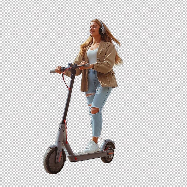 una chica monta un scooter con una foto de una mujer en la espalda