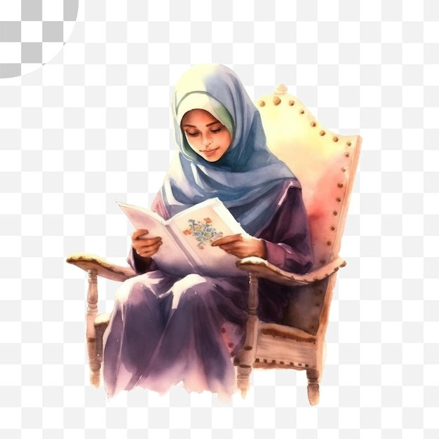 Chica musulmana leyendo libro acuarela fondo PNG