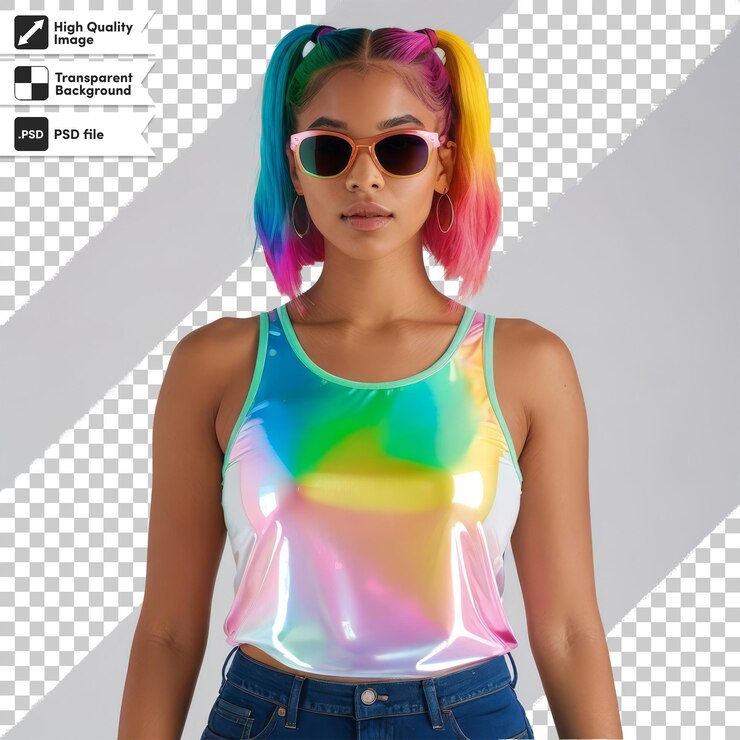PSD una chica con una peluca de color arco iris y gafas de sol se encuentra frente a una pantalla de computadora
