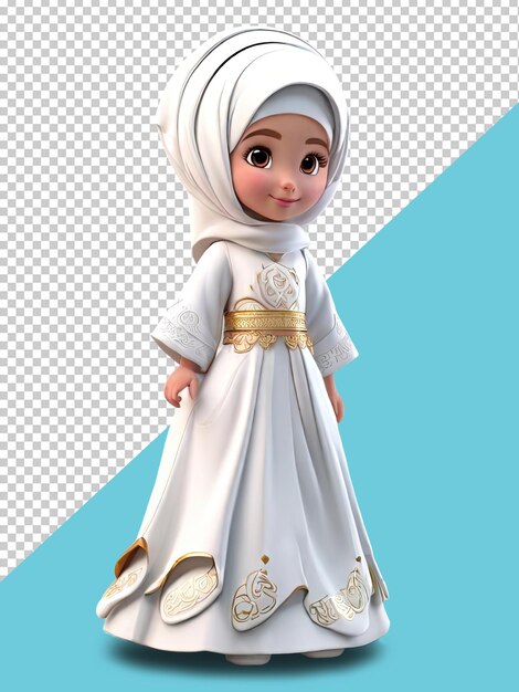 Una chica de pie con un largo vestido musulmán blanco