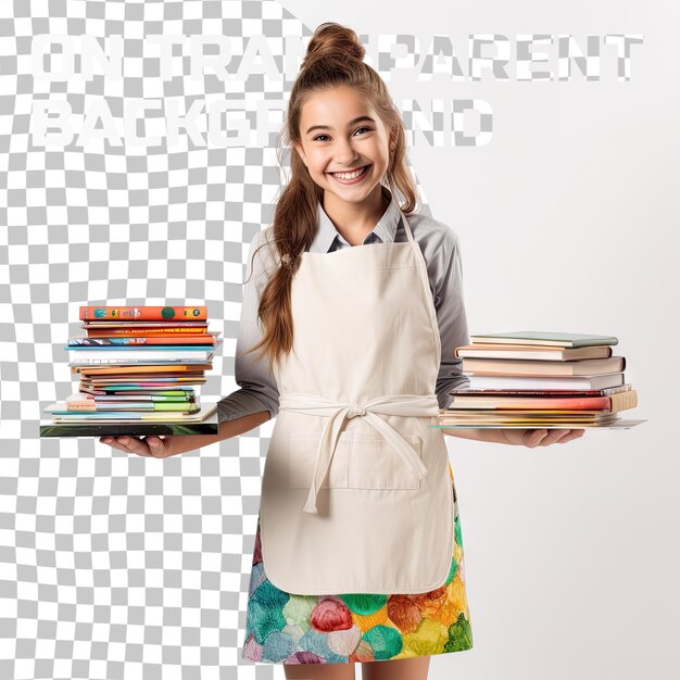 PSD chica positiva en delantal equilibrando una pila de libros para colorear y mirando hacia arriba desde de pie en un transpa