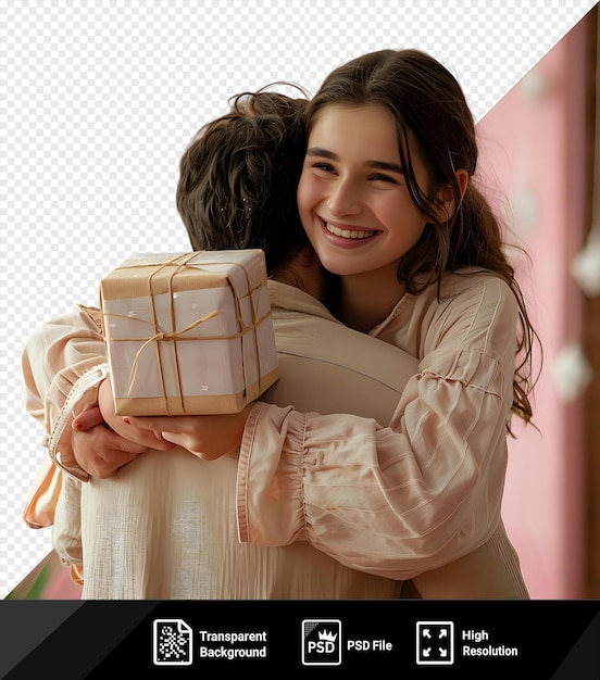 PSD chica de psd abrazando a un chico feliz con una caja de regalos frente a una pared rosada con una planta verde en el fondo png psd