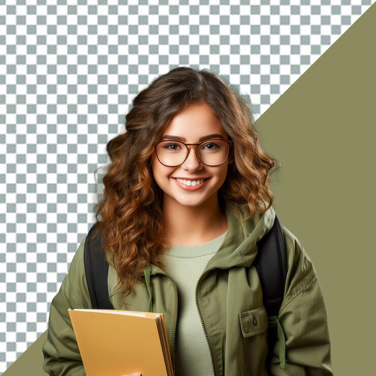 chica de psd con gafas sosteniendo un libro y una chaqueta verde fondo transparente