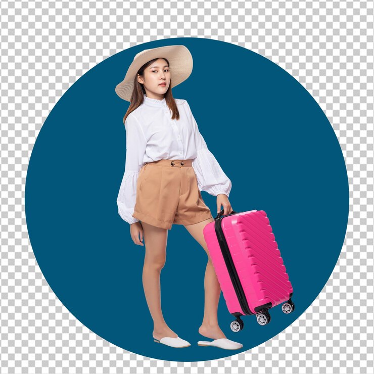 Chica PSD con un sombrero y una maleta con ruedas con fondo transparente