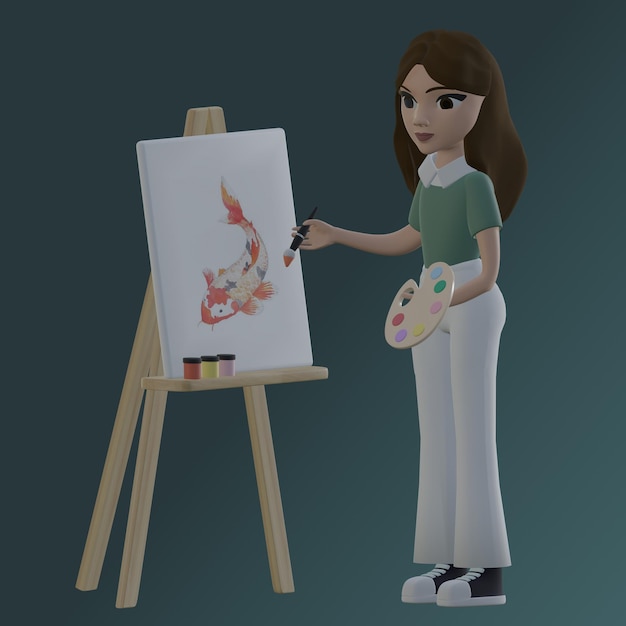 Chica psd sosteniendo una paleta de colores y un pincel de pie con un retrato de dibujo de pie renderizado 3d