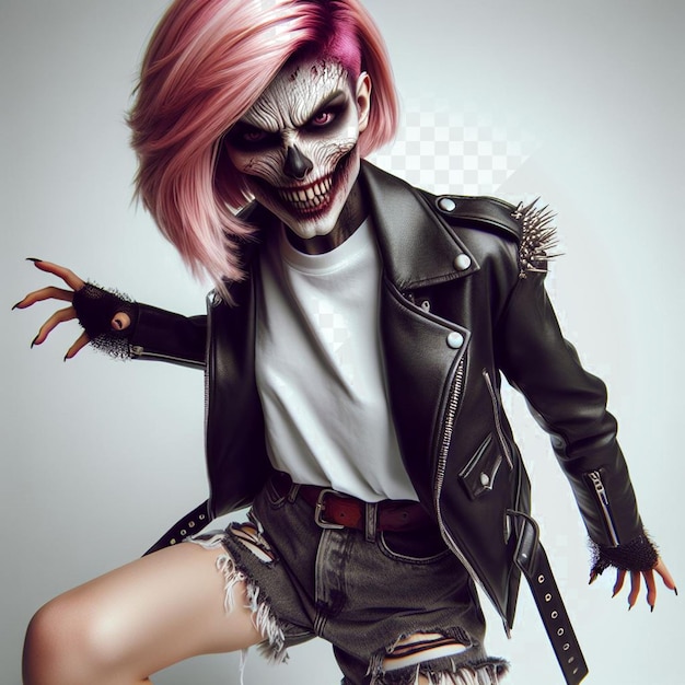 PSD chica punk rock de moda colorida con rostro espeluznante retrato aislado fondo transparente