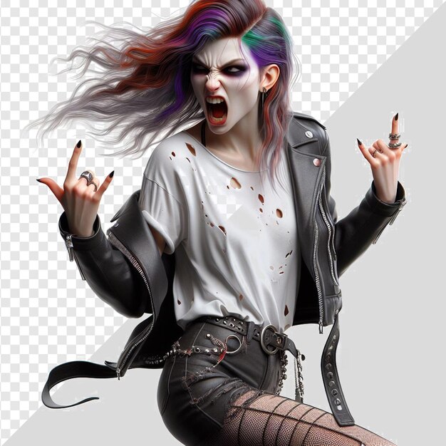 PSD chica punk rock de moda colorida con rostro espeluznante retrato aislado fondo transparente