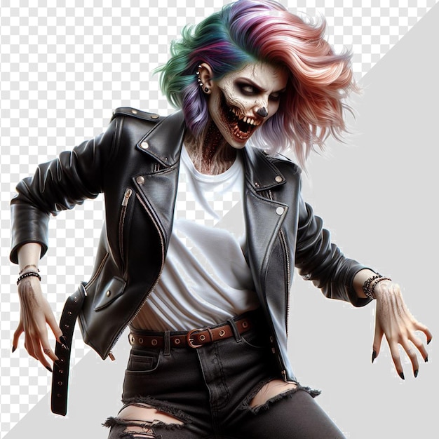 PSD chica punk rock de moda colorida con rostro espeluznante retrato aislado fondo transparente