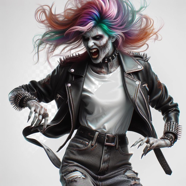 PSD chica punk rock de moda colorida con rostro espeluznante retrato aislado fondo transparente