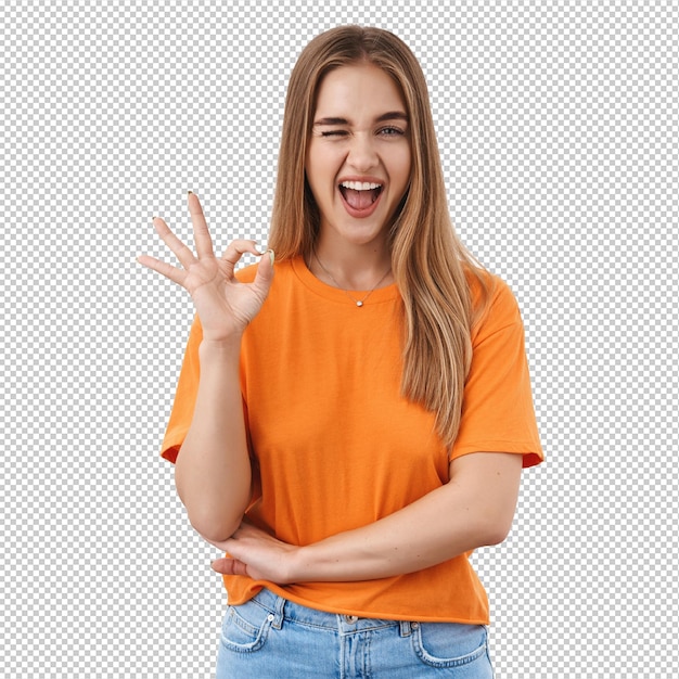 Chica rubia descarada muestra bien señal guiño y sonriendo asegúrese de que le gustará esta mejor elección jamás hecha