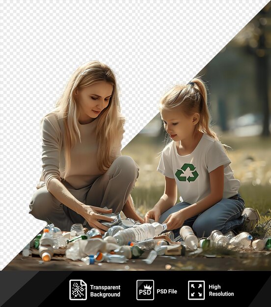 PSD chica rubia con símbolo ecológico y su madre recogiendo basura en el parque png