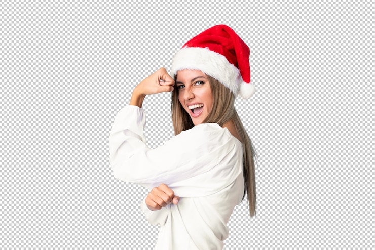 PSD chica rubia con sombrero de navidad haciendo gesto fuerte