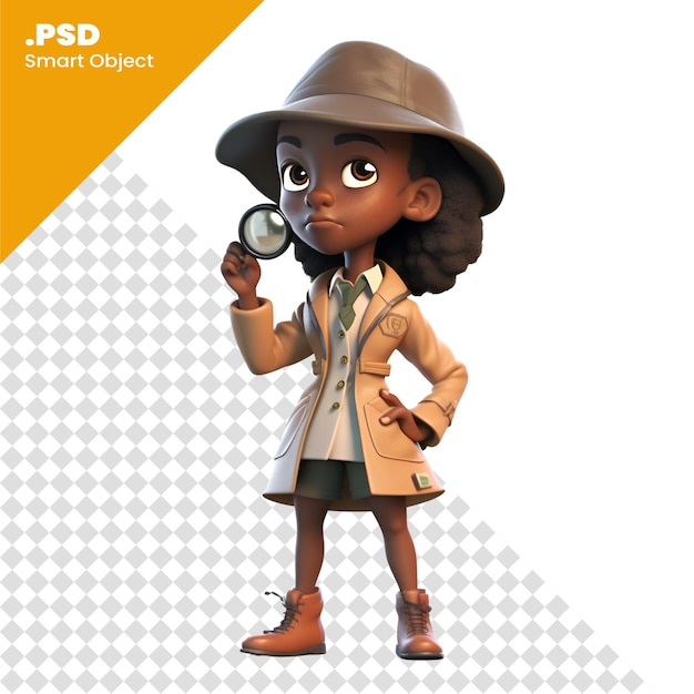 PSD chica de safari afroamericana con una lupa 3d que muestra una plantilla de psd
