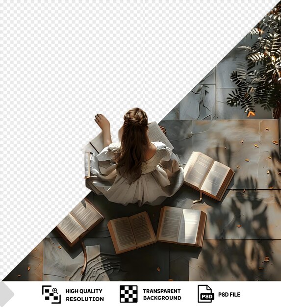 PSD una chica sentada afuera con libros y preparando lecciones png psd