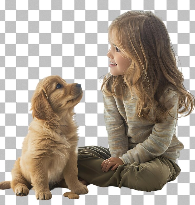 PSD chica sentada en el suelo con una golosina y un cachorro en un fondo transparente