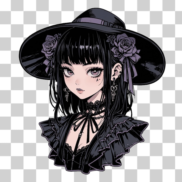 PSD una chica con un sombrero negro y un sombrerito negro con una flor en él