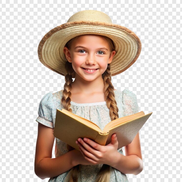PSD una chica con un sombrero de paja leyendo un libro