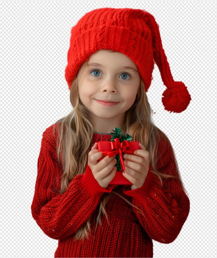 una chica con un sombrero rojo sostiene un regalo rojo