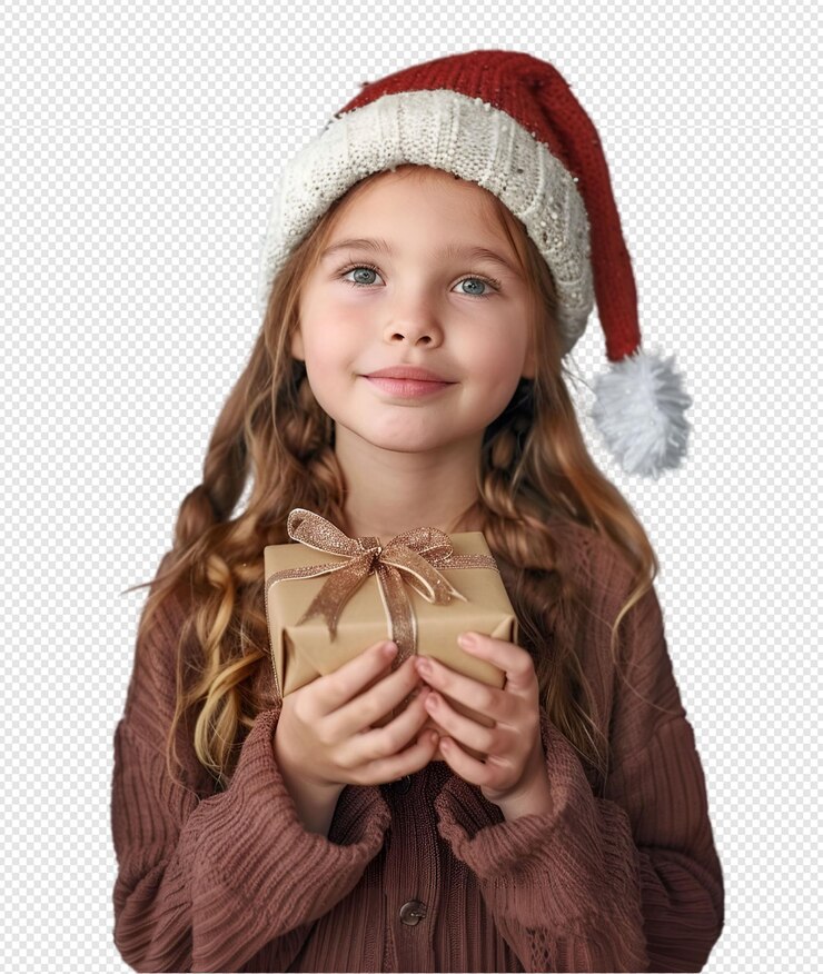una chica con un sombrero de Santa con un arco en la mano