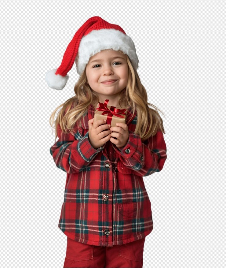 una chica con un sombrero de Santa está sosteniendo un pequeño bastón de caramelo