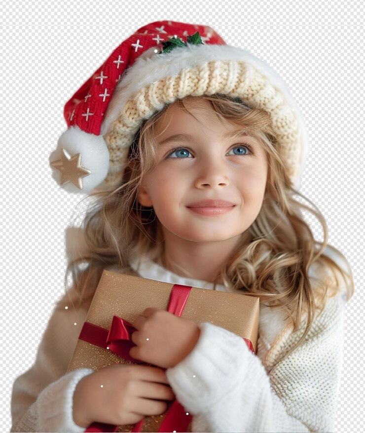 una chica con un sombrero de Santa tiene un regalo marrón