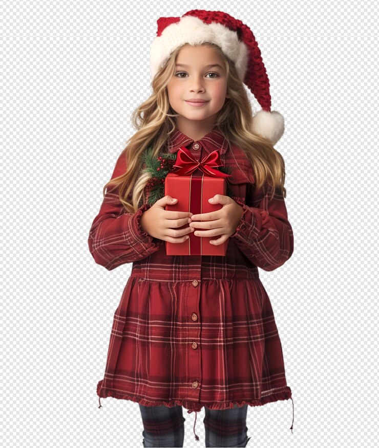 una chica con un sombrero de Santa tiene un regalo